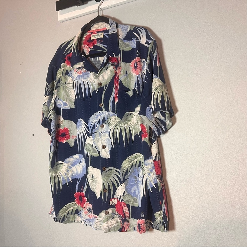 Caribbean Silk Blend Hawaiian Camp Shirt Button Up Navy Blue Size XLT XL Tall